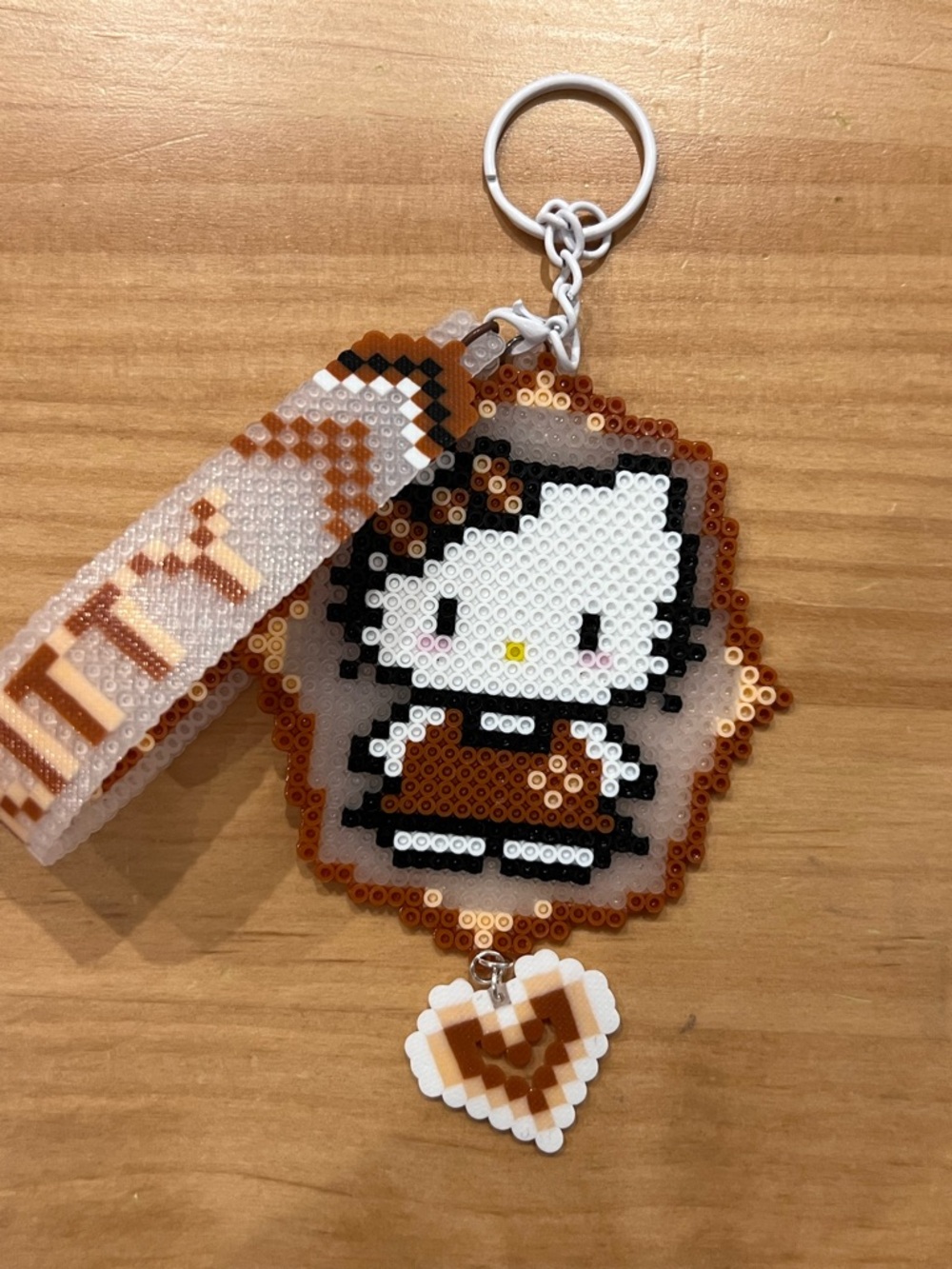 Handmade Perler Bead Hello Kitty Keychain Brown Outfit w Heart Price Firm NEW - Picture 2 of 4